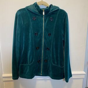 Y2K Glam Velour Hoodie Jacket Teal Zip Front Cozycore Soft Fit Style& Co Sport L